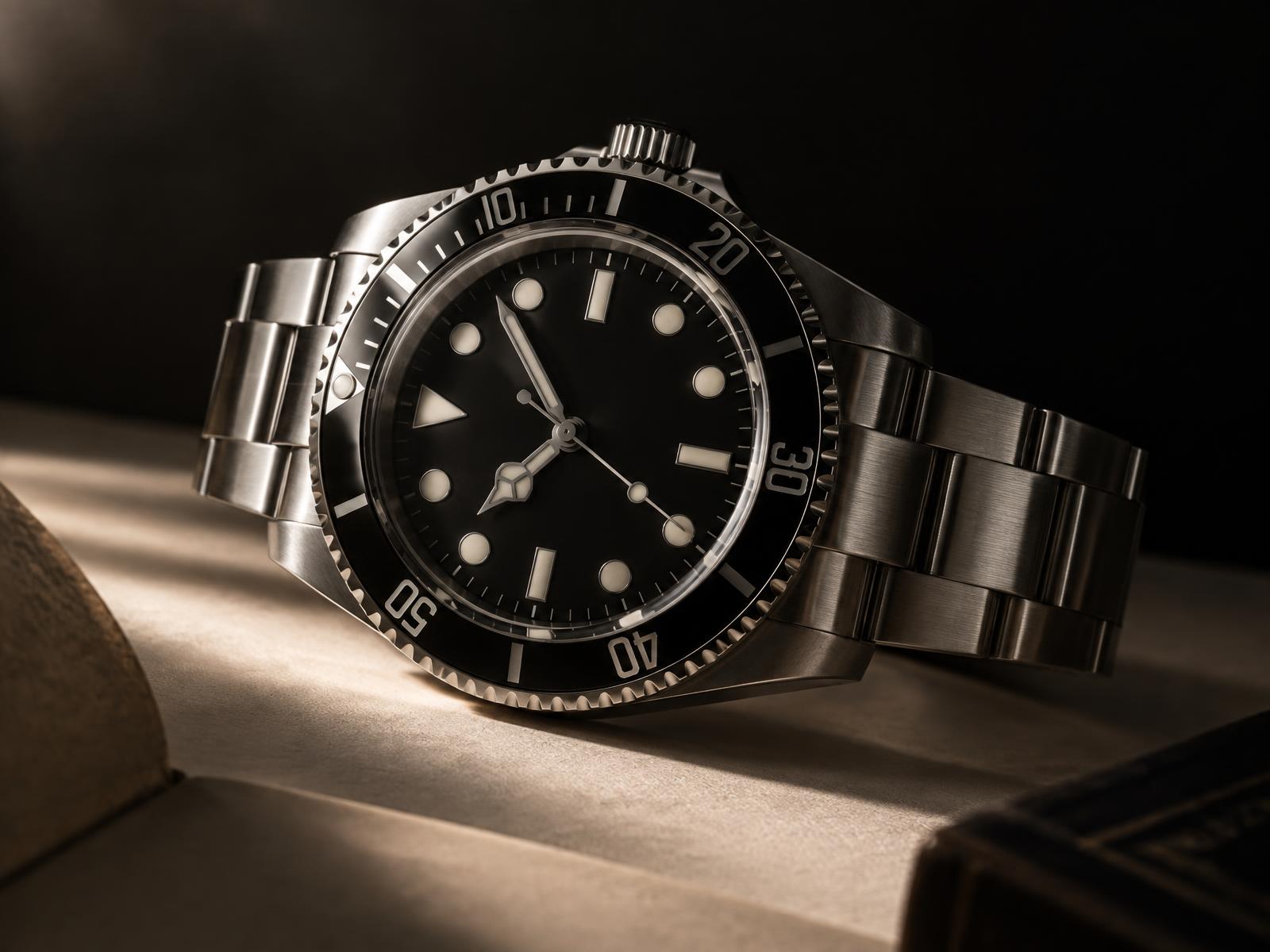Steel luxury dive watch photographed on ivory paper in directional light