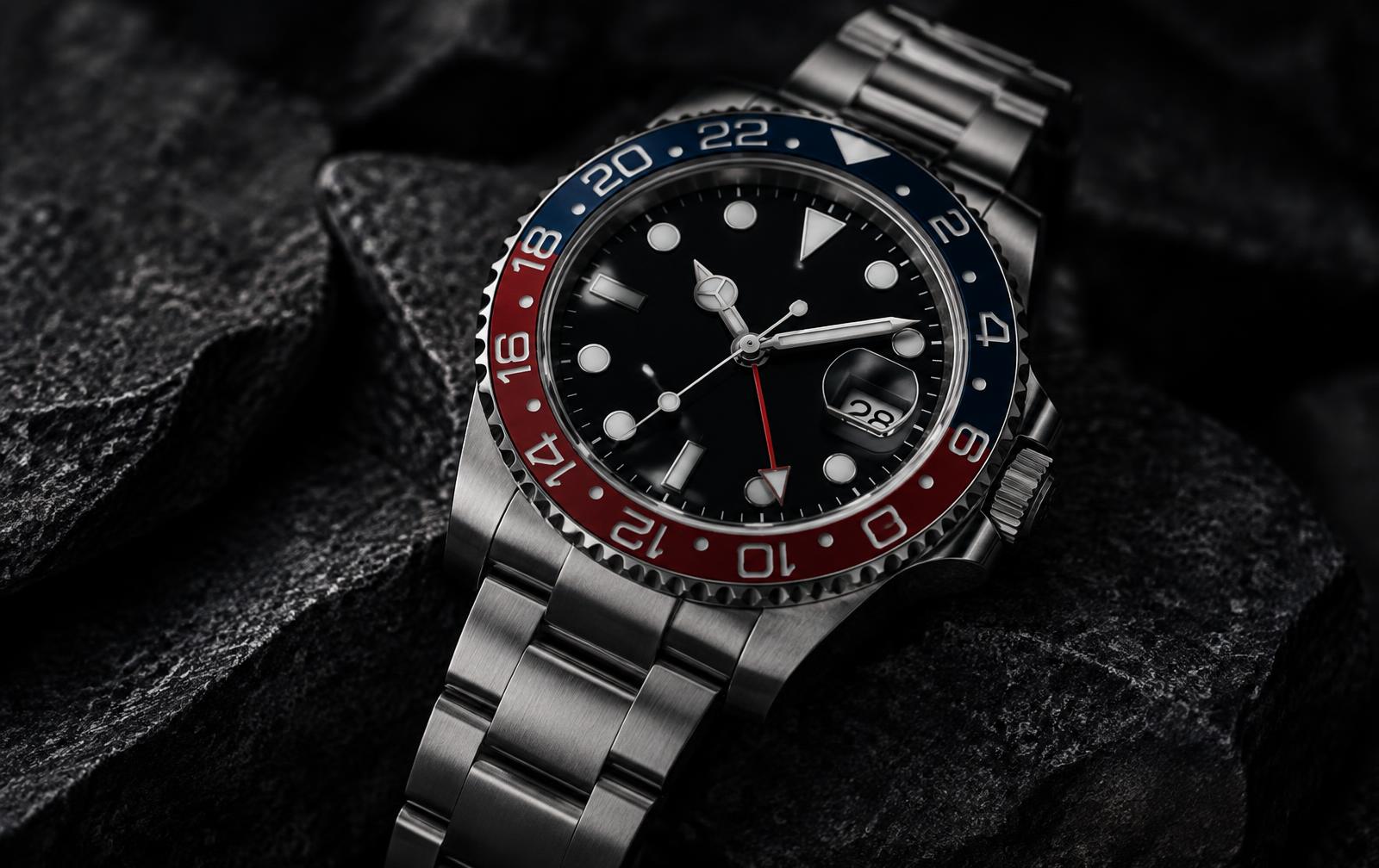 Rolex Submariner Date photographed on dark stone